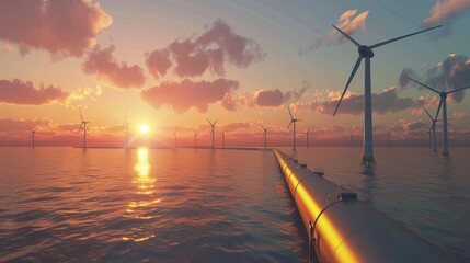 Wind turbines and hydrogen pipeline over sea at golden sunset landscape. Generated AI image