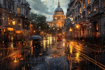 Fototapeta na wymiar rain storm in city of London. Big ben