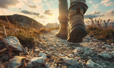 A close up of the hiking boots in the forest. Mountain Tourism.