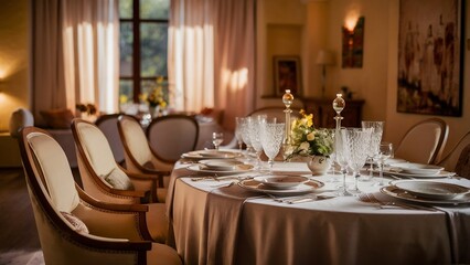 beautiful dining room interior with eating table and chairs
