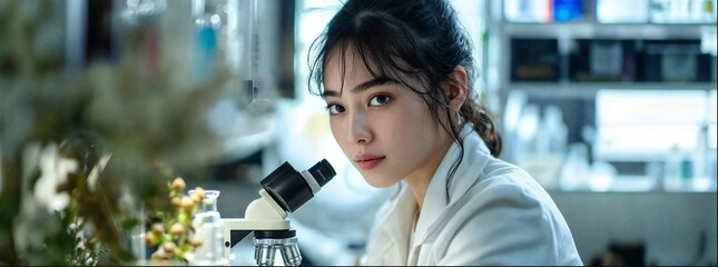 A young Chinese woman in a white lab coat is working with microscopes inside an advanced laboratory. She has long black hair and bangs that cover her eyes. She is looking at the camera 