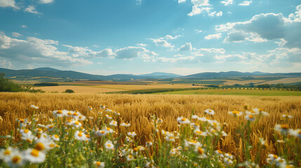 Fototapeta premium A photo of biomass energy fields, with agricultural lands as the background, during a sunny day