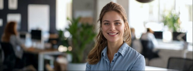 A portrait of an attractive young business woman smiling at the camera in her modern office with a busy coworking team working remotely behind, in the style of high key lighting, blurred background