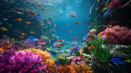 A vibrant coral reef bustling with life, with colorful fish darting among the coral formations.