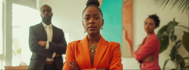 African woman in an orange suit and a black man with a white shirt behind her, looking at the camera. An African office space with three people standing around them, in the style of modern art. 