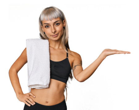 Caucasian young woman in sportswear showing a copy space on a palm and holding another hand on waist.