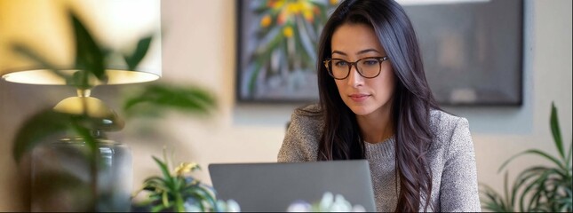 A woman in business attire is sitting at her desk, working on an open laptop computer with the screen facing towards us. She has long black hair and glasses, wearing them on top of it. 