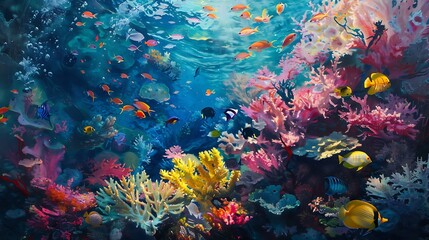 A vibrant coral reef bustling with life, with colorful fish darting among the coral formations.