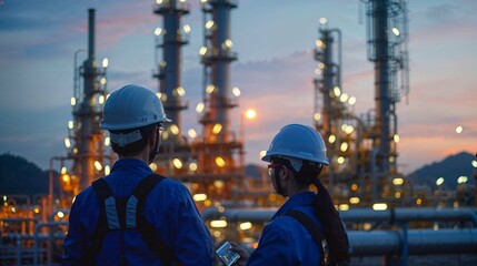 Two engineers engaged in discussion against the backdrop of an oil refinery, power plant, and the setting sun