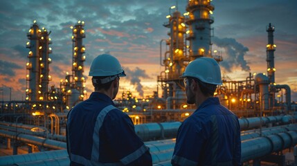 Two engineers engaged in discussion against the backdrop of an oil refinery, power plant, and the setting sun