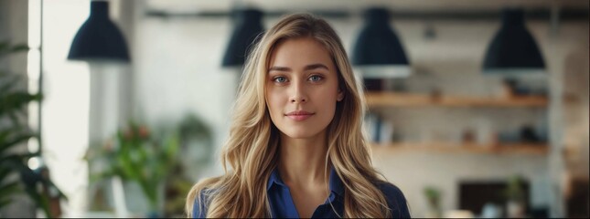 blonde woman with long hair wearing a blue shirt is standing in an office and talking to the camera in a close up shot, in the style of a video advertisement