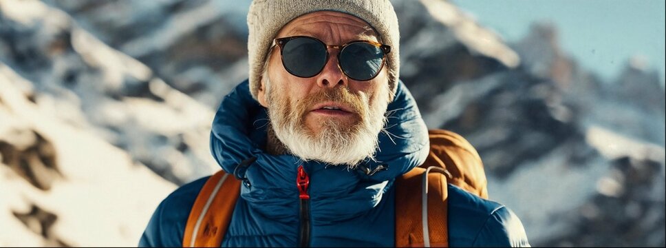 Close up of an older man with sunglasses and beanie in a blue puffer jacket standing on a snowy mountain, he has a short white beard and mustach