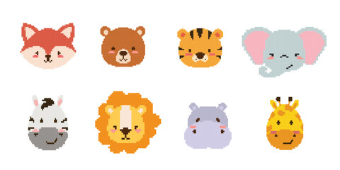 Pixel art animals icons Collection. 8 bit retro style illustration set of tiger, bear, fox, hippo giraffe,zebra,lion, elephant. Best for mobile game design, decoration, stickers.