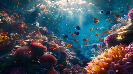 A vibrant coral reef teeming with life, with colorful fish swimming among the corals and anemones swaying gently in the currents.