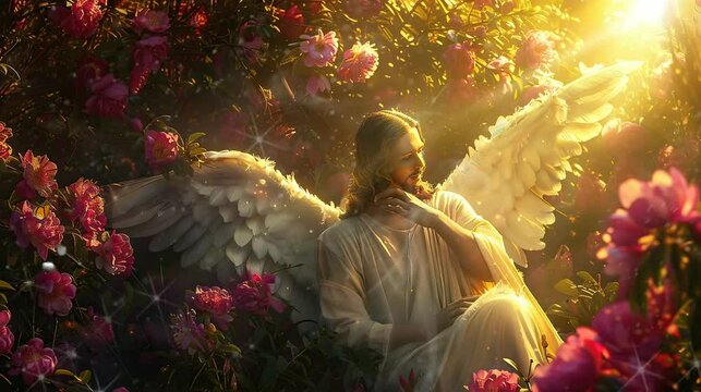 Lord Jesus who is enjoying the beauty of the grove of fresh and fragrant flowers. seamless looping time-lapse virtual video Animation Background.