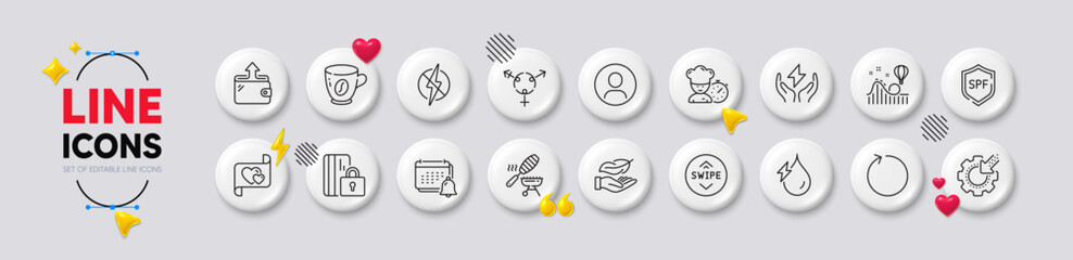 Safe energy, Headshot and Hydroelectricity line icons. White buttons 3d icons. Pack of Notification, Wallet, Chef icon. Antistatic, Coffee, Spf protection pictogram. Vector