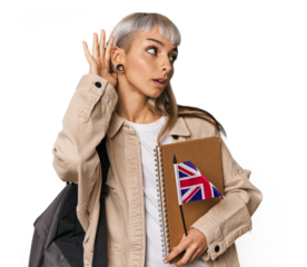 Young erasmus student with books trying to listening a gossip.