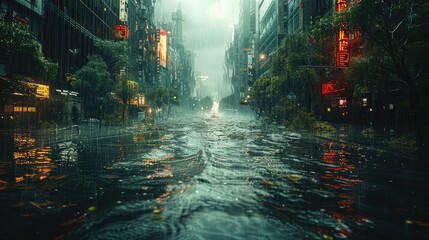 Devastating Aftermath of a Catastrophic Climate Change Event in a Flooded Futuristic Cityscape