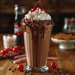 chocolate milk shake with cream and cherry as topping