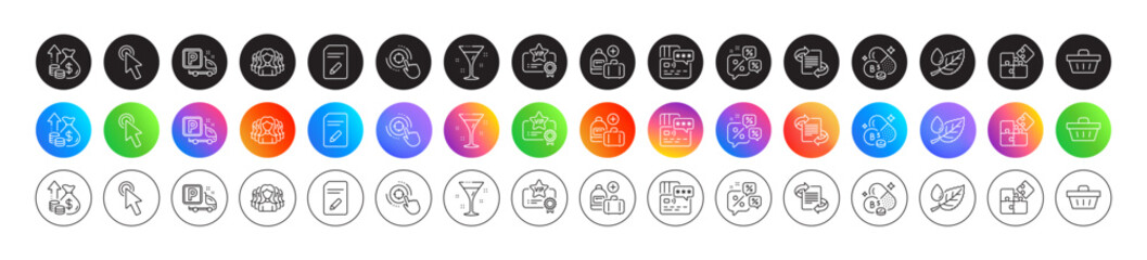 Fototapeta premium Edit document, Marketing and Cursor line icons. Round icon gradient buttons. Pack of Add handbag, Inflation, Women group icon. Puzzle, Discounts chat, Vip certificate pictogram. Vector