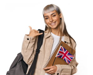 Young erasmus student with books showing a mobile phone call gesture with fingers.