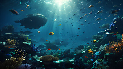 Fototapeta premium Underwater Clash - Massive Sea Creatures in Battle AI Generated PNG Illustration