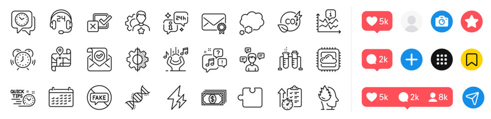Info, Chemistry dna and Checkbox line icons pack. Social media icons. Noise, Verified mail, Brand web icon. Clock, Time management, Co2 gas pictogram. Puzzle, Fake news, Payment. Vector