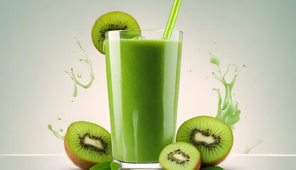 Photo of a kiwi juice With pieces of beet Isolated on smooth background, Kiwi juice with splashes with kiwi fruit in isolated white background studio shot