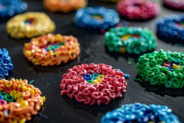 Closeup of vibrant, multicolored cereal in the shape of donuts on a dark background