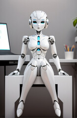 Humanoid robot working on Computer 
