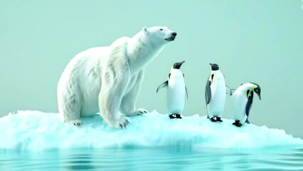 Polar bear and emperor penguins on a piece of iceberg global warming concept 3d animation 4k polar bear and emperor penguin rotate heads - Powered by Adobe
