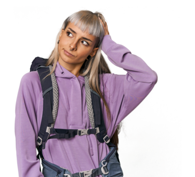 Young caucasian woman ready to hike being shocked, she has remembered important meeting.