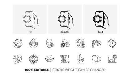 Dont touch, Coronavirus pills and Lips line icons. Pack of Face id, Difficult stress, Problem skin icon. Vaccination schedule, Electronic thermometer, Covid app pictogram. Blood. Line icons. Vector