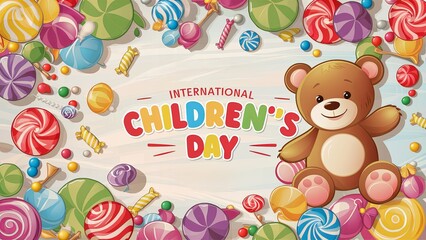 colourful candies with teddy bear for  International Children's Day Celebration