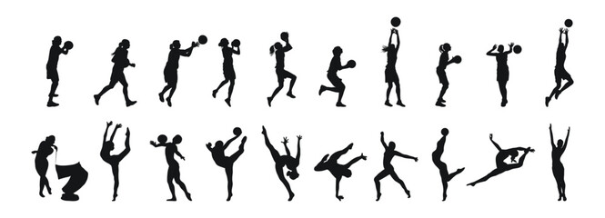 Set single silhouettes of womens sports. Basketball, calisthenics, gymnastics. Isolated vector