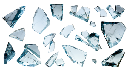 Shards of shattered glass. Pieces of broken glass isolated. Transparent background PNG. Pen tool cutout. Side by side of various broken glass pieces of several shapes and sizes