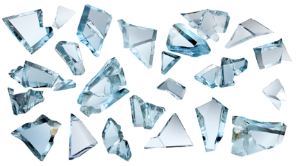 Shards of shattered glass. Pieces of broken glass isolated. Transparent background PNG. Pen tool cutout. Side by side of various broken glass pieces of several shapes and sizes