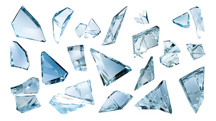 Shards of shattered glass. Pieces of broken glass isolated. Transparent background PNG. Pen tool cutout. Side by side of various broken glass pieces of several shapes and sizes