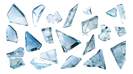 Shards of shattered glass. Pieces of broken glass isolated. Transparent background PNG. Pen tool cutout. Side by side of various broken glass pieces of several shapes and sizes