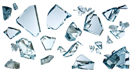 Shards of shattered glass. Pieces of broken glass isolated. Transparent background PNG. Pen tool cutout. Side by side of various broken glass pieces of several shapes and sizes