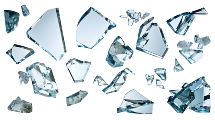 Shards of shattered glass. Pieces of broken glass isolated. Transparent background PNG. Pen tool cutout. Side by side of various broken glass pieces of several shapes and sizes