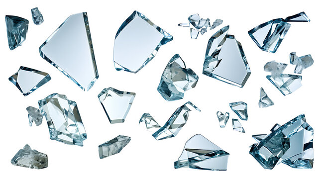 Shards of shattered glass. Pieces of broken glass isolated. Transparent background PNG. Pen tool cutout. Side by side of various broken glass pieces of several shapes and sizes