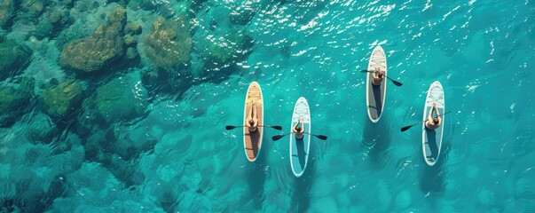 Arial view of the paddleboard on the very beautiful and clear sea.