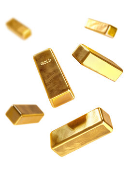Flying falling gold bars isolated on transparent background