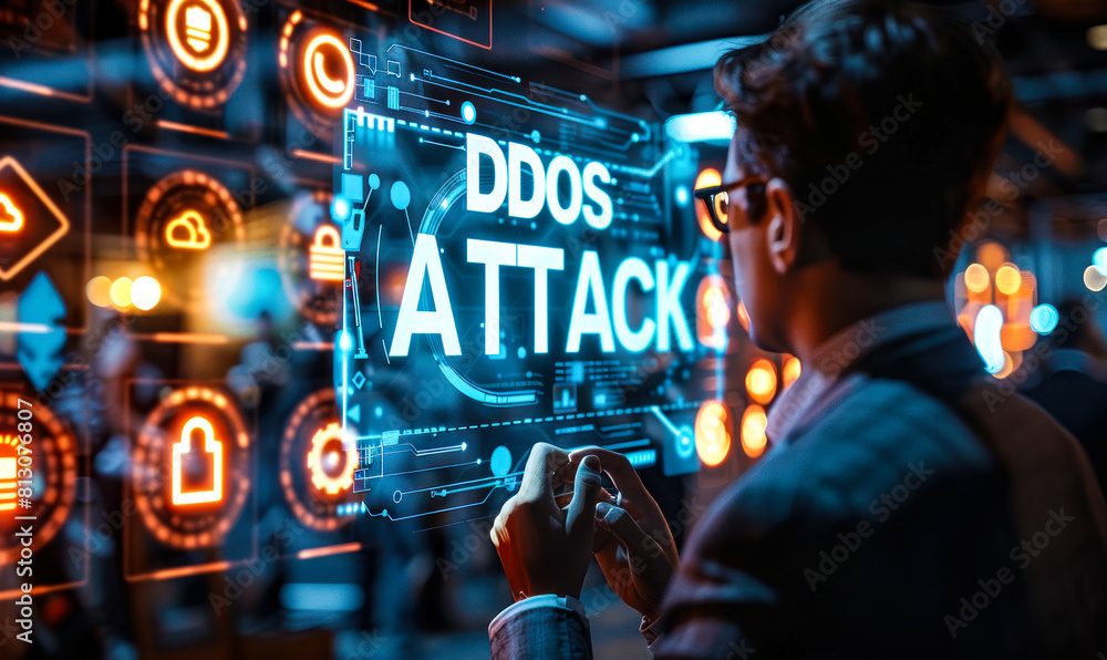 Poster threat of distributed denial of service ddos cyber attacks targeting online systems, person holding 