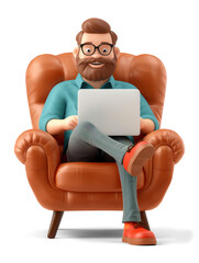 Cartoon man with laptop sitting in sofa chair isolated on transparent background