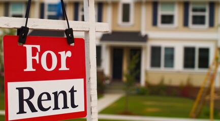 Home For Rent Real Estate Sign and Beautiful House.