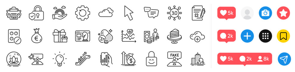 Fake review, Judge hammer and Cake line icons pack. Social media icons. Recovery gear, Inspect, Seo strategy web icon. Medical tablet, Cardio training, Taxi pictogram. Vector