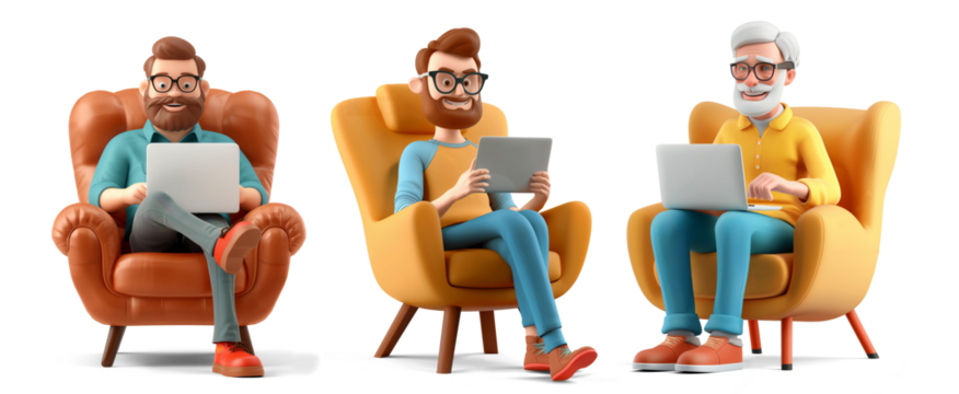 Cartoon man with laptop sitting in sofa chair isolated on transparent background