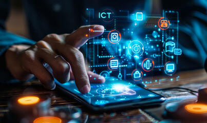 Fototapeta premium Corporate Professional Interacting with ICT (Information and Communications Technology) Concept Icons on Smartphone